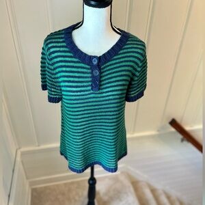 J. Crew green navy stripe short sleeve sweater